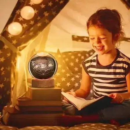 3D Galaxy Space Crystal Ball Night Light with Wooden LED Stand