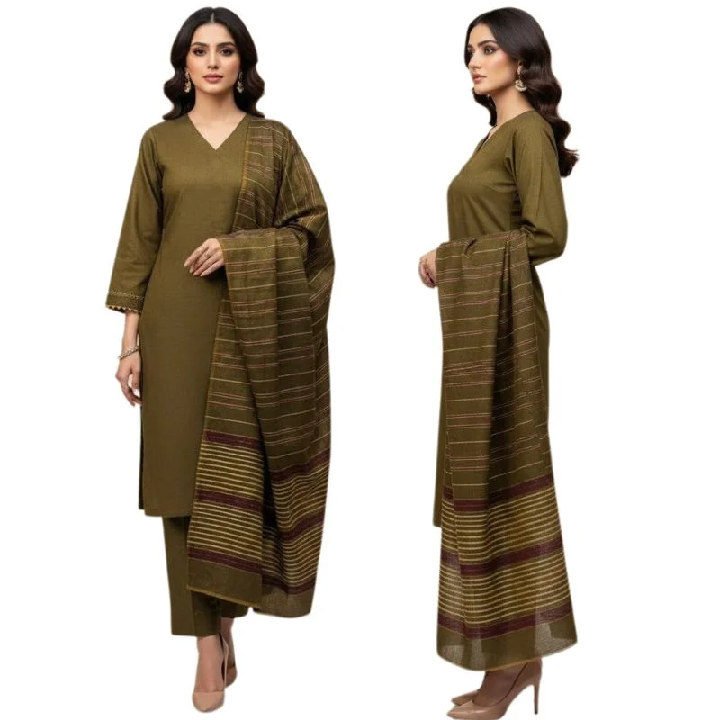 Winter Sussi Silk 3-Piece Suit for Women | Unstitched Plain Shirt & Trouser | Heavy Winter Sussi Shawl | Olive Green - Image 5